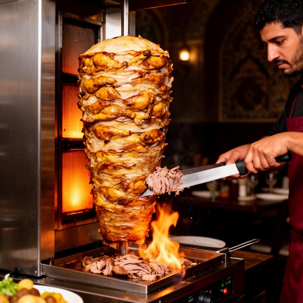 Shawarma roasting on a vertical spit at Al-Arab Shawarma in Karachi